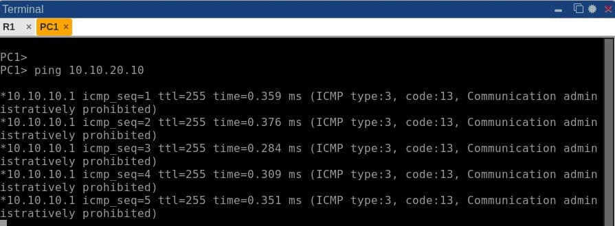 PC1 console showing five ICMP administratively-prohibited replies from R1 when pinging SRV1