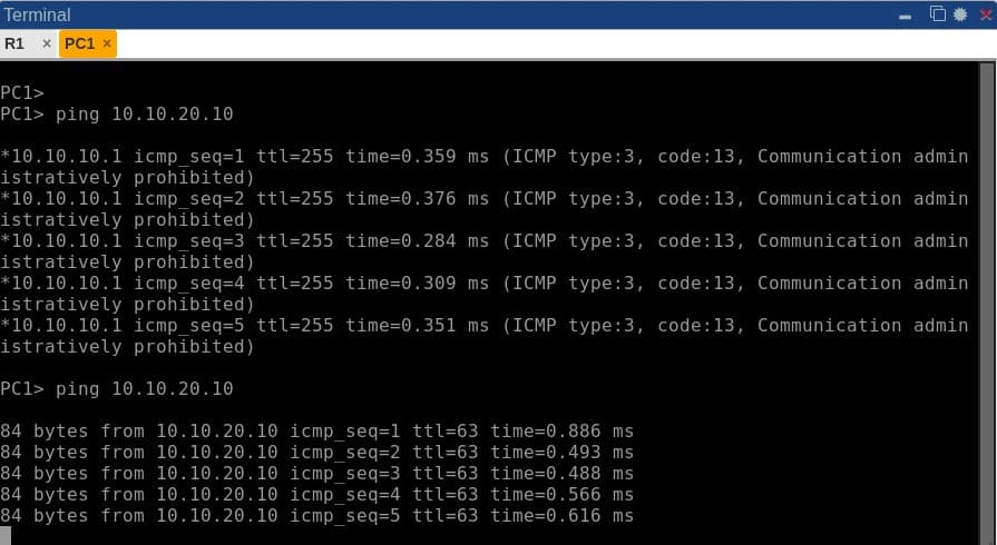 PC1 console showing five successful ping replies from SRV1 after the ACL's wildcard mask is corrected
