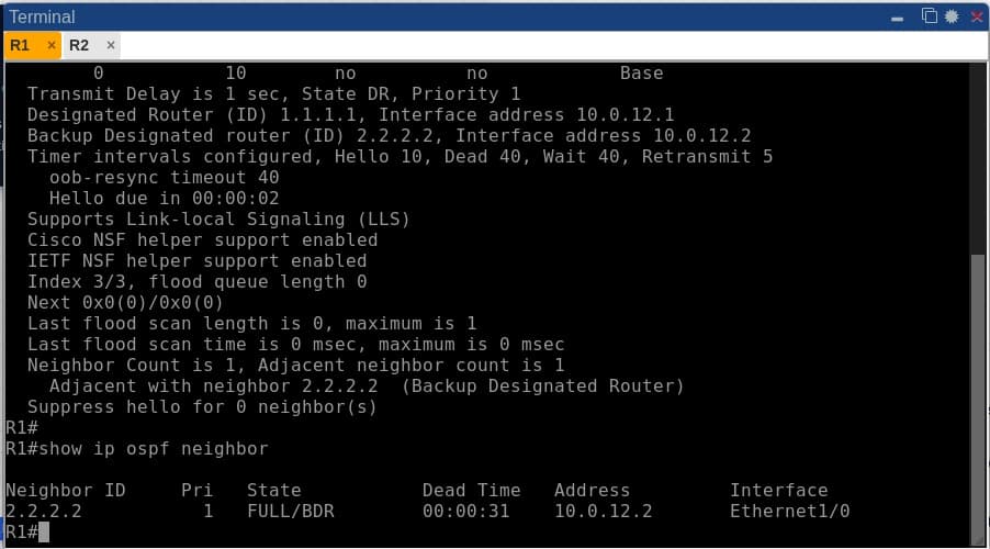 show ip ospf neighbor output showing the adjacency reaching FULL/BDR state on Ethernet1/1 after the fix