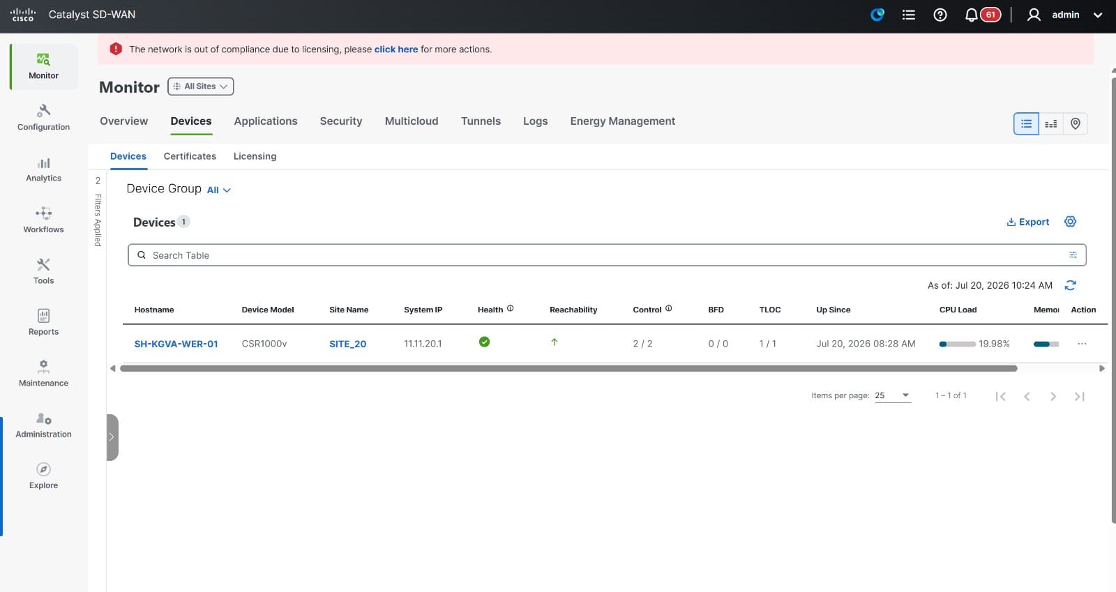 Catalyst SD-WAN Manager device inventory listing a CSR1000v WAN edge