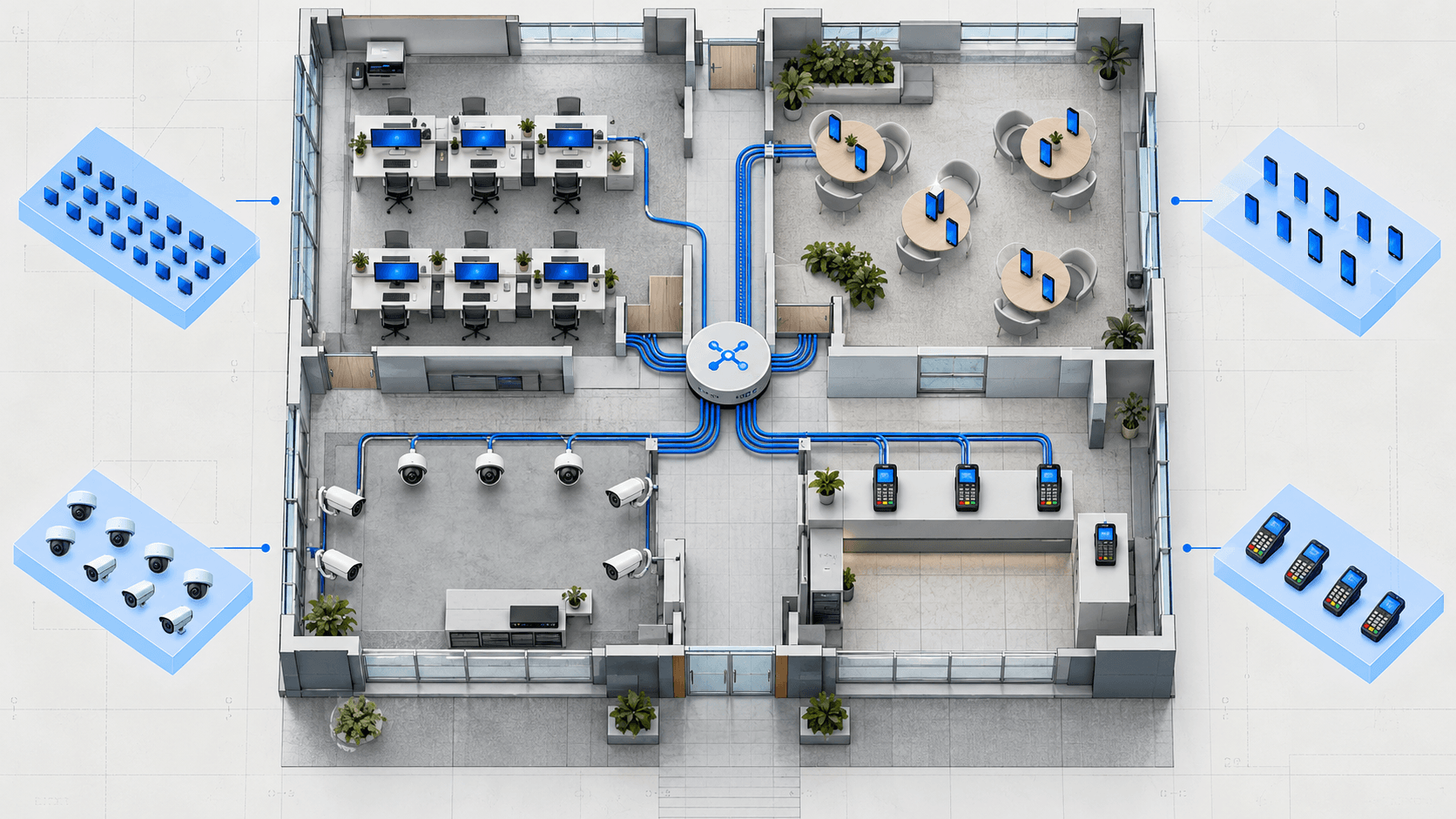 Top-down office network divided into staff, guest, camera and payment subnet zones