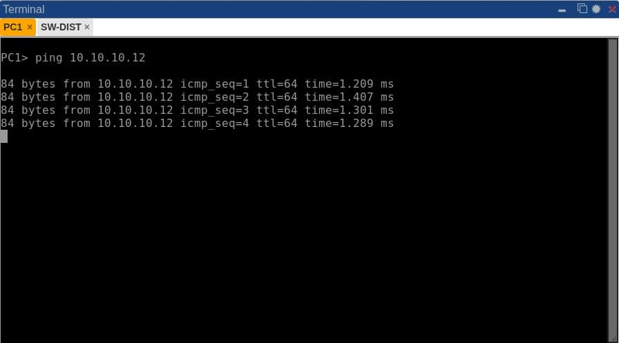PC1 console showing four successful ping replies from 10.10.10.12 after the native VLAN mismatch is fixed